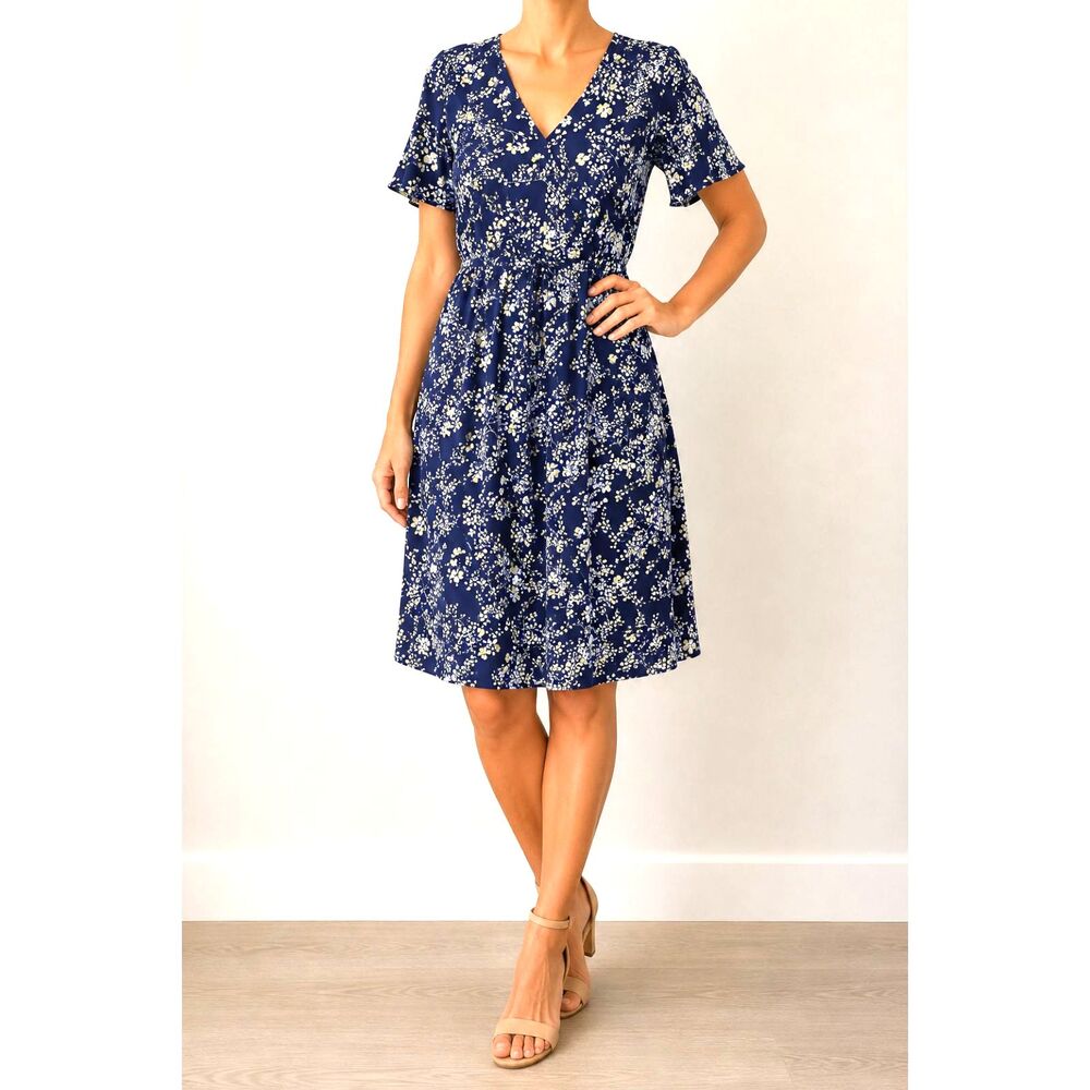 Ella Simone Blue Floral Rayon Wrap Dress Women’s Size Large Boho Midi